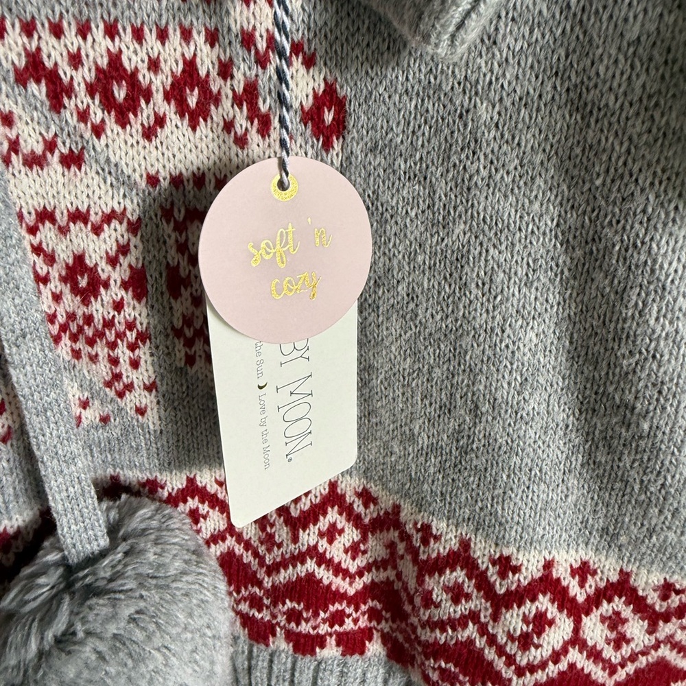 NEW With Tags Ruby Moon Gray and Red Nordic Fair Isle Pom Pom Sweater Sz Medium - Picture 6 of 8